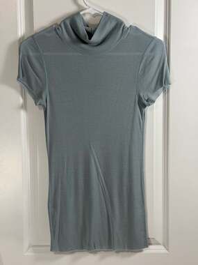 Beautiful People 100% Tencel Blue Ribbed Short Sleeve Mock Neck Top